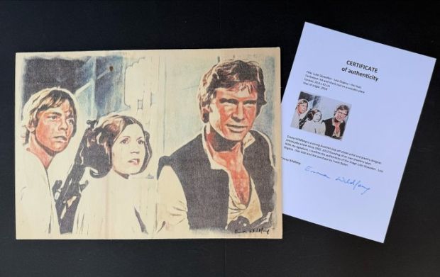Emma Wildfang - 1 Original drawing - Star Wars - Luke Skywalker - Leia Organa - Han Solo - Ink and Chark Coal on a Wooden Plate (incl. Certificate) - 2018 | Catawiki