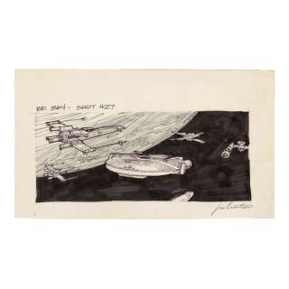 STAR WARS: A NEW HOPE (1977) - Lot #348 : Hand-Drawn Joe Johnston-Signed Millennium Falcon Returning to Rebel Base Storyboard