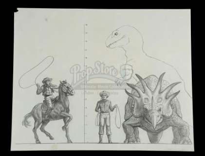 VALLEY OF GWANGI, THE (1969) - Lot 183 - Ray Harryhausen Hand-Drawn Scale Comparison of Cowboys, Gwangi and Styracosaurus