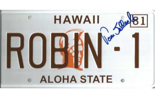 Magnum PI prop repro metal license tag like off his Ferrari signed by Tom Selleck boldly in blue ink | Piece of the Past