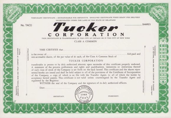 Tucker stock certificate prop | Piece of the Past