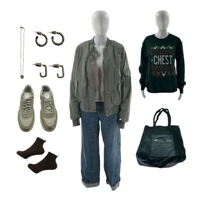Lot 106: Oh What Fun Mae-Bell Screen Worn Thin Rectangle Hoop Earrings, Half Hoop Style Earrings, Sneakers, Jacket, Necklace, Jeans, Bag, Shirt, Socks & Sweatshirt Ch 1 Sc A10-16 | VIP Fan Auctions