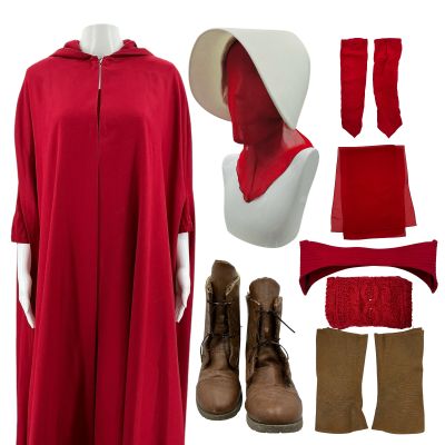 Lot #232: The Handmaid’s Tale Background Handmaid Screen Worn Cloak, Dress, Belt, Face Veil, Scarf, Sleeves, (2) Bonnets, Arm Warmers, Spats & Boots Ss 3