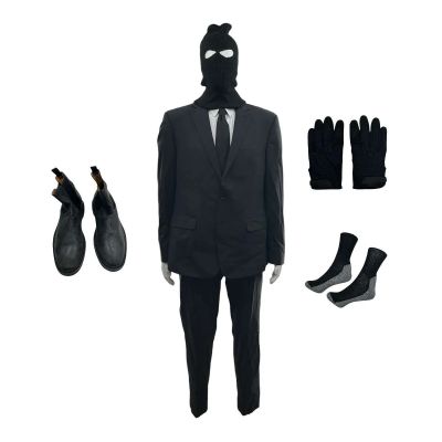 Lot 186: Crime 101 Davis Screen Used Driving Double Suit Jacket, Suit Pants, Button-Up Shirt, Boots, Socks, Balaclava, Pair Of Gloves & Tie Ch 1 Sc 16-37 | VIP Fan Auctions