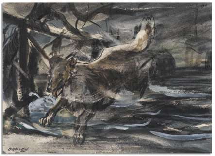 1940s ’’Lassie’’ Storyboard -- Painting Depicts the Most Famous Dog in Hollywood Running Through a Wintry Setting | Nate Sanders