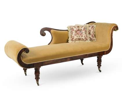 The Crown | A Regency rosewood, mahogany and cut-brass inlaid chaise longueFirst seen in Season 2, in the Queen’s Dressing Room set (3) | Bonhams