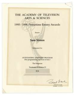 Emmy Nomination for ’’The Simpsons’’ Given to Sam Simon in 1996 -- From the Sam Simon Estate | Nate Sanders
