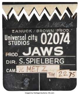 Jaws production used shark‘s teeth clapperboard....