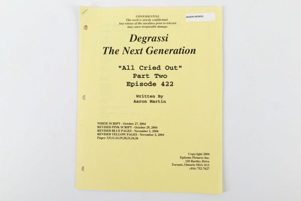 Degrassi The Next Generation "All Cried Out" Part Two Episode 422 Revised Script | Bodnars Auction