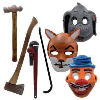 Dark Harvest Mask elephant, Mask Clown, Mask Fox, Axe, Crobar, Hammer & Pipe Wrench | VIP Fan Auctions