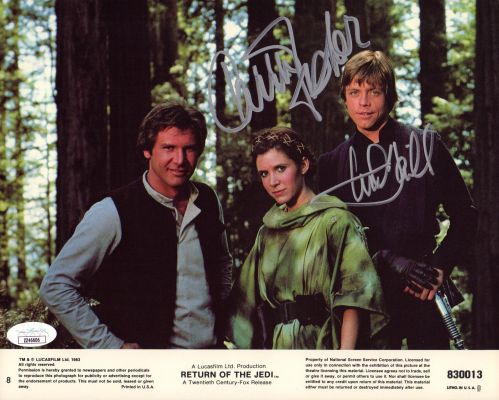Carrie Fisher as Princess Leia & Mark Hamill as Luke Skywalker in Star Wars: Return of the Jedi (JSA) Signed 8x10 Vintage Lobby Card | SWAU