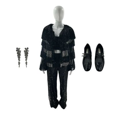 Lot 100: Oh What Fun Lizzie-Wang Wasserman Screen Worn Earrings, Mary Jane Style Flat, Jacket, Sequin Joggers W/ Built In Shorts & Tank Top Ch 4 Sc 97 | VIP Fan Auctions