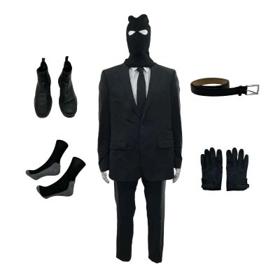 Lot 145: Crime 101 Davis Screen Worn Stunt Double Suit Jacket, Button-Up Shirt, Suit Pants, Boots, Belt, Socks, Gloves, Balaclava & Tie Ch 1 Sc 36 | VIP Fan Auctions