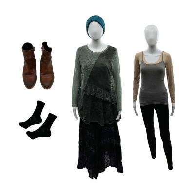Lot 17: Preparation for the Next Life Arzu Screen Worn Boots, Headscarf, Thermal Bottoms, Skirt, Thermal Shirt, Sweater, Camisole & Socks Ch 1 Sc 21 | VIP Fan Auctions