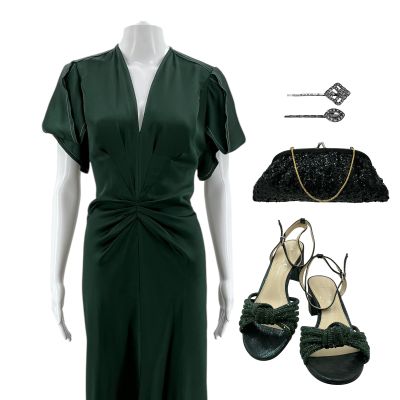 Lot 6: The Drama Alice Screen Worn Evening Dress, (2) Hair Pins, Purse & Heels Ch 4 Sc Multiple | VIP Fan Auctions