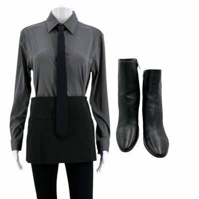 Lot 4: Poker Face Season 2 Hotel Bartender Screen Worn Button-Up Shirt, Pants, Tie, Apron & Boots Ch 1,2,3 Sc Multiple Ep 208 | VIP Fan Auctions