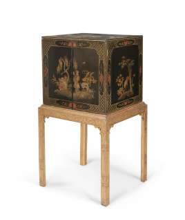The Crown | A first-half 20th century black and gilt japanned cocktail cabinet, in the George II styleFirst seen in Season 3, in the Princess Margaret Apartments set | Bonhams