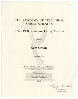 Emmy Nomination Certificate for ’’The Simpsons’’ Given to Sam Simon in 1998, Co-Creator of the Show -- From the Sam Simon Estate | Nate Sanders