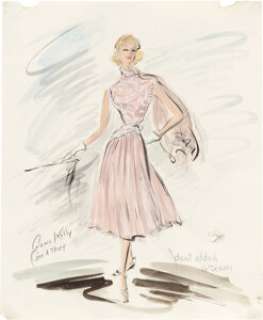 To Catch a Thief (Paramount, 1955), Grace Kelly "Frances Stevens" Costume Sketch for the Pink Picnic Dress by Edith Head Initialed by Alfred Hitchcock.