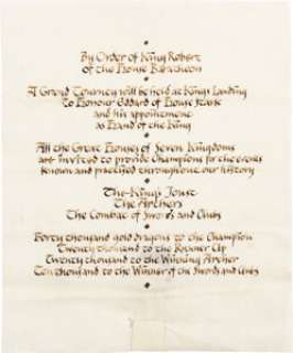 King Robert Baratheon (Mark Addy) Tournament Scroll from Game of Thrones (HBO® Original 2011-2019, Season 1).