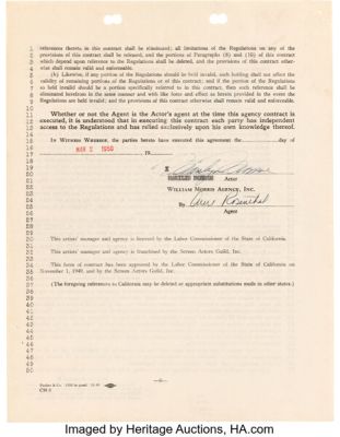 Marilyn Monroe Signed William Morris Agency Contract (March 2, 1950). | Heritage