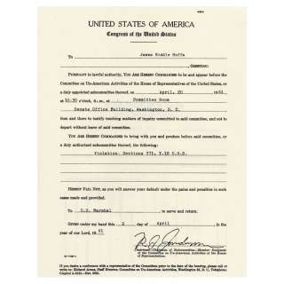 THE IRISHMAN (2019) - Lot #1331 : Jimmy Hoffa‘s (Al Pacino) Subpoena