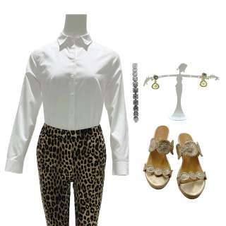 Terri White Screen Worn Photo Double Long Sleeve, Button-Front Shirt, Elastic Waist Pants, Bracelet, Earrings & Wedge Style Shoes | VIP Fan Auctions