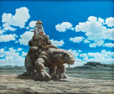 Original Ron Cobb artwork "Man on Lizard Crossing Over" which inspired George Lucas’ Dewback. | Profiles in History