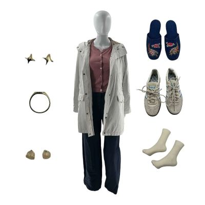 Lot 119: Oh What Fun Lizzie-Wang Wasserman Screen Worn Pointed Abstract Square Stud Earring, Opal Stone Stud Earrings, Sneakers, House Shoe, Coat, Necklace, Pants, Ring, Cardigan & Socks Ch 1 Sc 27,29 | VIP Fan Auctions