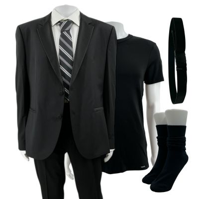 Lot 91: Mercy Chris Raven Production Worn Suit Jacket, Button-Up Shirt, T-Shirt, Pants, Belt, Tie & Socks | VIP Fan Auctions