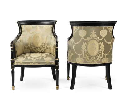 The Crown | A set of twelve ebonised and parcel-gilt decorated bergères, in the Louis-Phillipe styleFirst seen in Season 3, in the Princess Margaret Apartments set (12) | Bonhams