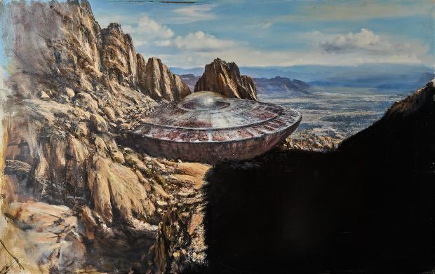 Matte Painting Screen-Used in ’’The Twilight Zone’’ Episode ’’A Day in Beaumont’’, Showing the Alien Spaceship -- Measures Over 5 x 3 Feet | Nate Sanders