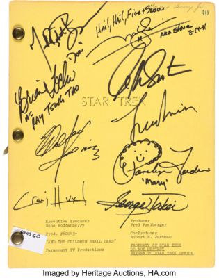 Star Trek: The Original Series (Paramount TV, 1966-1969), First Draft Screenplay from Episode "And the Children Shall Lead" Featuring (9) Cast Signatures Including William Shatner, Leonard Nimoy, and George Takei.