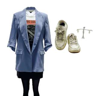 Lot #64 – Shining Girls Kirby Elisabeth Moss Screen Worn Button-Front Jacket, Short Sleeve Shirt, Skirt, Tights, Earrings & Lace-Up Shoes Ep 107