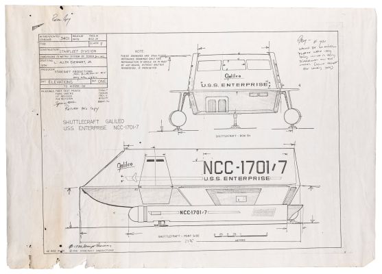 Lot 182 - Star Trek The Galileo (NCC-1701/7) Shuttlecraft Exterior Blueprint. | Potter & Potter