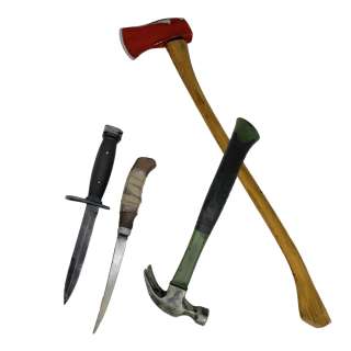 Fargo Season 5 Ole Munch’s Sam Spruell Prop Foam Rubber Axe, Prop Plastic Shiv, Prop Plastic Knife, & Hammer Set | VIP Fan Auctions