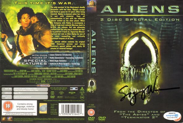 Signourney Weaver as Ellen Ripley in Aliens Signed DVD Cover | SWAU