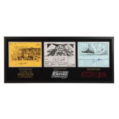 Star Wars: Original Trilogy | Original Production Triple Storyboard Display Autographed by Robert Watts, Phil Tippett and Dennis Muren | Propstore (Buy Now)