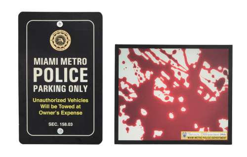 Dexter - Miami Metro Police Department Parking Sign and Dexter Morgan (Michael C. Hall) Blood Splatter Photo Props