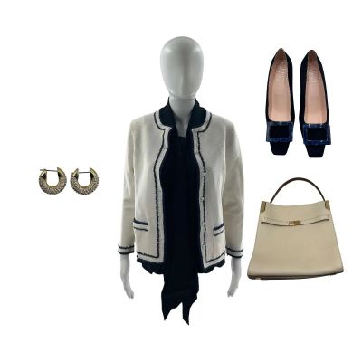 Lot 99: Oh What Fun Jeanne Wang Screen Worn Earrings, Heels, Blazer, Purse & Sleeveless Shirt Ch 2 Sc 39-95 | VIP Fan Auctions