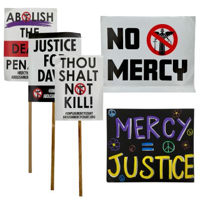 Lot 99: Mercy Lebanon Street / Mercy Court Building Production Used (2) Posters & (3) Protest Signs | VIP Fan Auctions