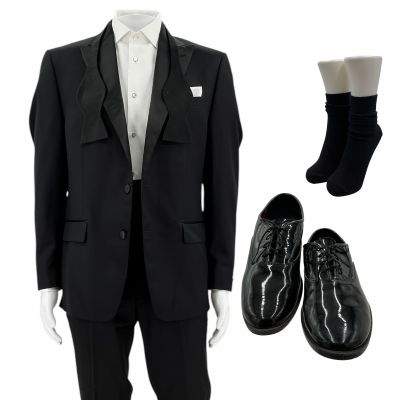 Lot 4: The Drama Charlie Screen Worn Stunt Double Tuxedo, Button-Up Shirt, Cumberbund, Bow Tie, Handkerchief, (2 ) Studs Sets & Cufflinks, Socks & Shoes Ch 2 Sc 100 | VIP Fan Auctions