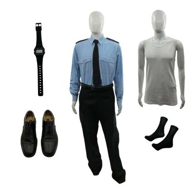 Lot 69: The Sheep Detectives Officer Tim Derry Screen Worn Vest , Button-Up Shirt, Trousers, Belt, Tie, Watch, Shoes & Socks Ch 1a Sc 9pt1-11 | VIP Fan Auctions