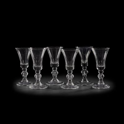 Lot 155 - A matched set of six clear glass wine goblets, in the 18th century style Made by The Glassmakers, from Season 1 onwards (6) | Bonhams