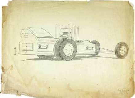 George Barris "Dragula" Design Sketch. An unsigned 24" x 18" pencil-and-ink wash sketch of one of George Barris’ most popula... | Heritage