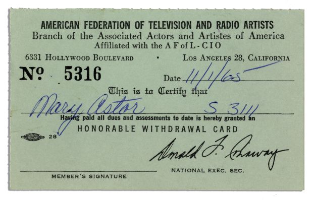 Mary Astor’s Union Card, Given to Her Upon Her Retirement in 1965 -- From The American Federation of Television and Radio Artists | Nate Sanders