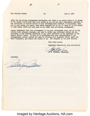 Marilyn Monroe Signed 20th Century Fox Salary Advance Agreement (June 5, 1952). | Heritage