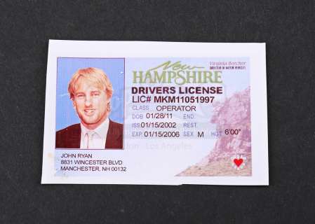 WEDDING CRASHERS - John Ryan‘s (Owen Wilson) Driver‘s License Print