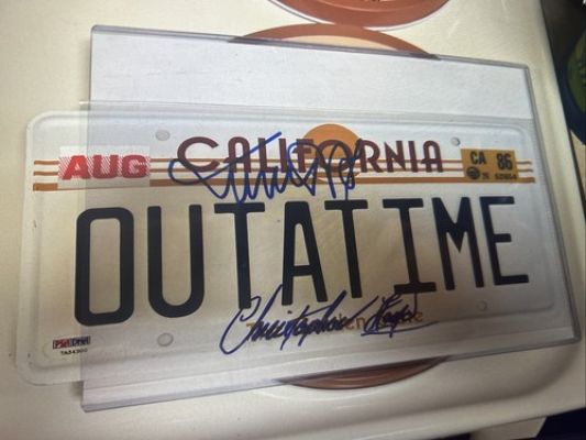 Christopher Lloyd & Michael J Fox Sign Back To The Future License Plate