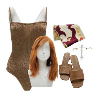 Beau is Afraid Young Mona Zoe Lister- Jones Screen Worn One-Piece Swimsuit, Sarong, Earrings, Wig & Sandals Ch 2 Sc 55 | VIP Fan Auctions